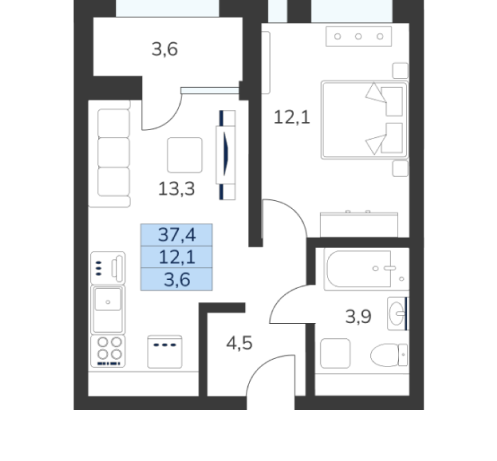 1-комнатная, площадь 37,4 м2