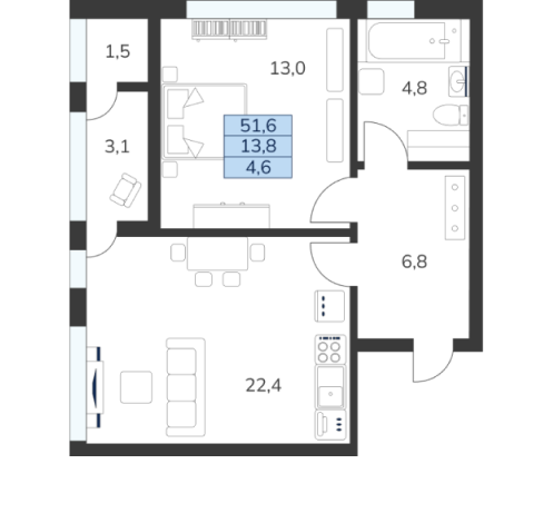 1-комнатная, площадь 51,6 м2